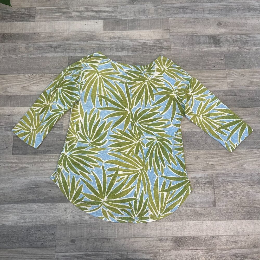 Sigrid Oleson Linen Blend Green Botanical 3/4 Sleeve Top S49 - Picture 4 of 5
